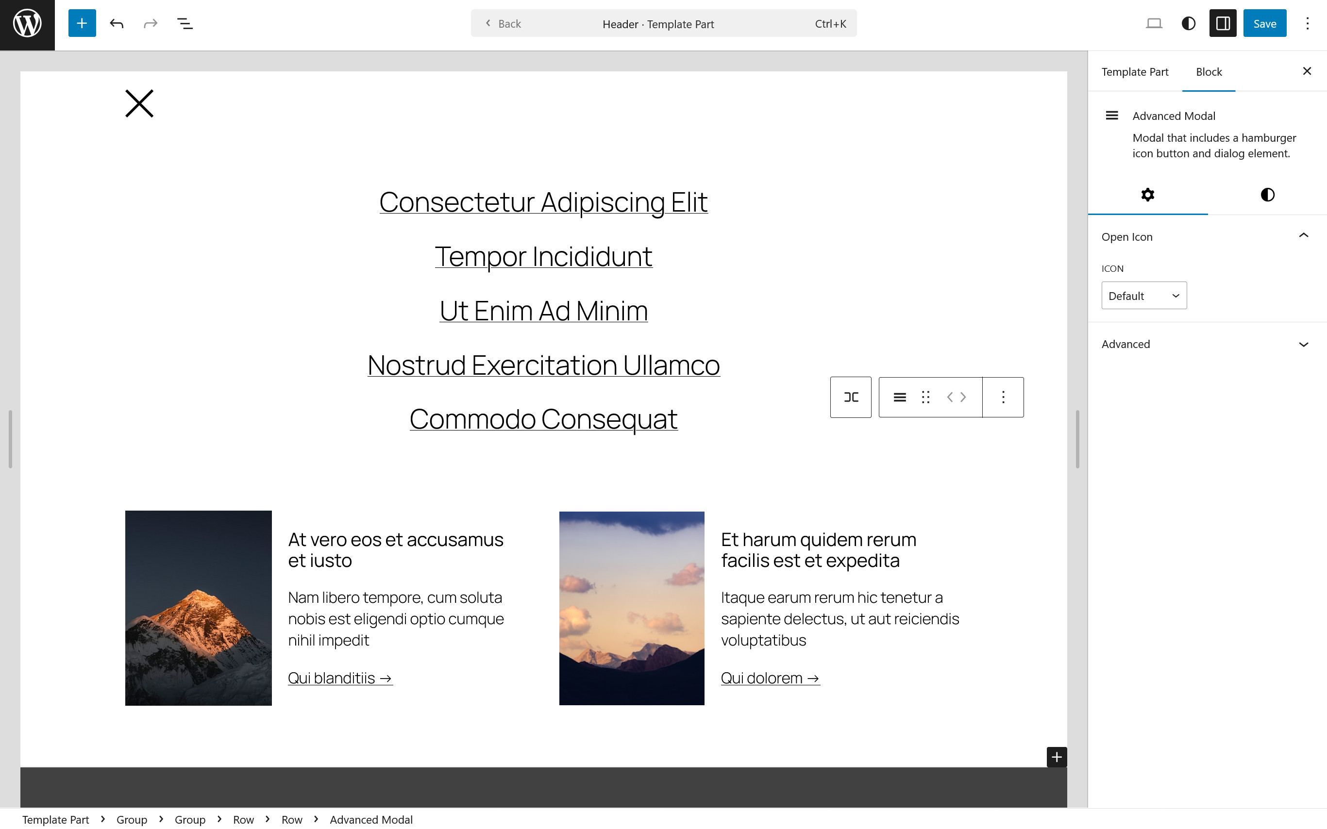 Screenshot of the Cata Blocks plugin in the WordPress block editor
